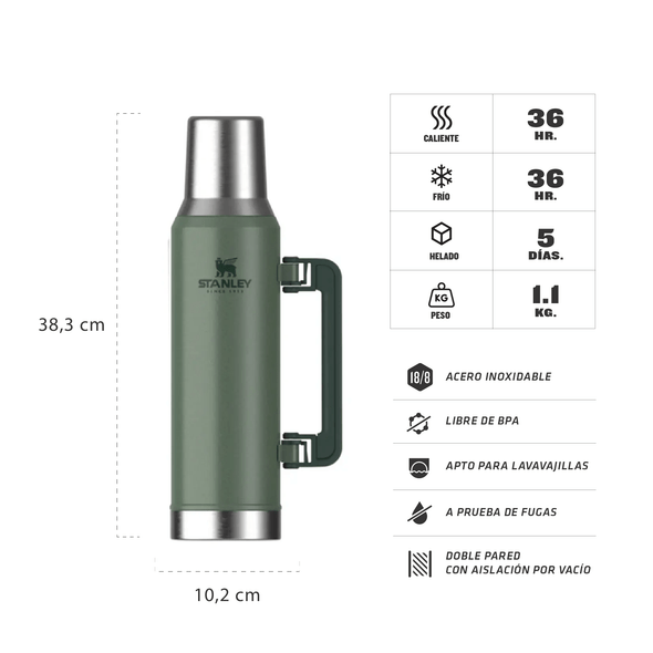 Stanley Thermos Mate System Classic with Cup Top Termo Mate System Clásico con Tapa Vaso, 1.6 l / 54.10 fl oz Capacity (Various Colors Available)