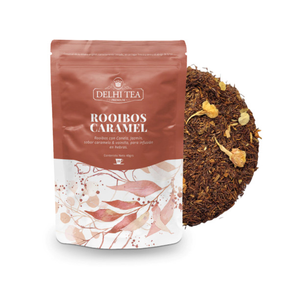Delhi Tea Rooibos Caramel Loose Leaf Herbal Tea Doypack Té de Hierbas de Hojas Sueltas Canela, Jazmín, Vainilla, 40 g / 1.4 oz