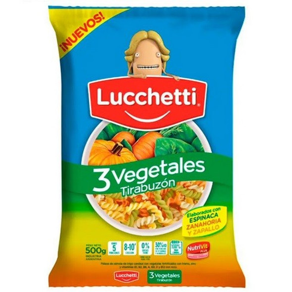 Fideos Lucchetti Vegetales Tirabuzón Vegetables Ringlet Pasta Noodles 5 Servings, 500 g / 1.1 lb (pack of 3)