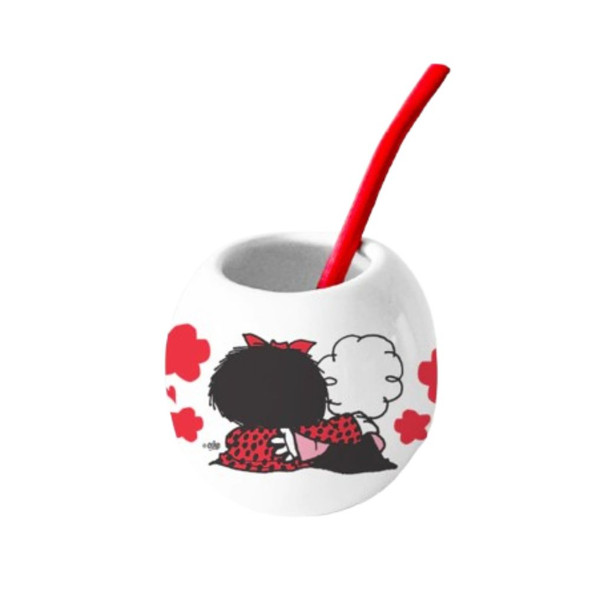 Mafalda Friends Ceramic Mate Cup with Straw - Handmade Printed Mate