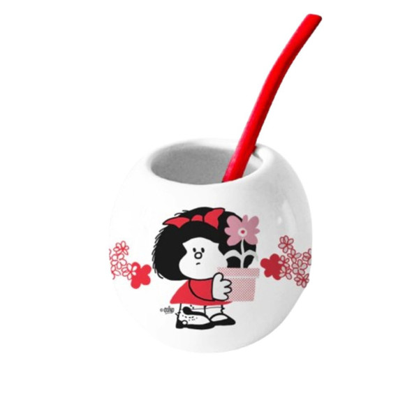 Mafalda Flowers Ceramic Mate Cup with Straw - Handmade Printed Mate