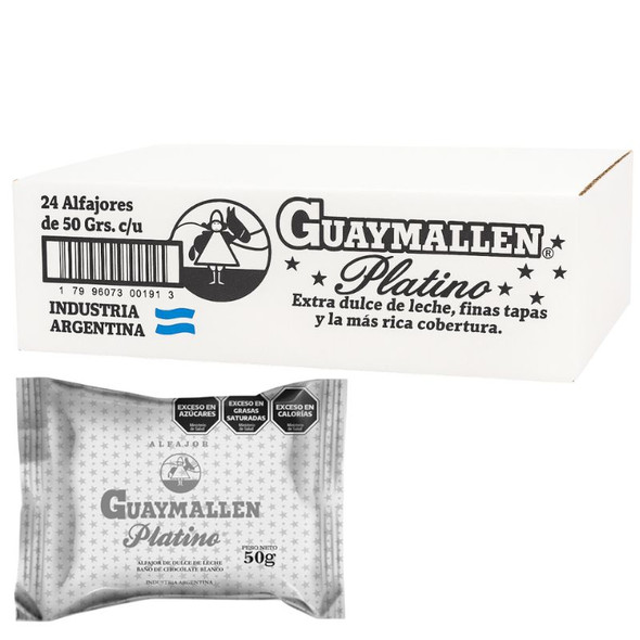 Guaymallén Platino Alfajor with Dulce de Leche, White Chocolate Coated Wholesale Bulk Box, 50 g / 1.76 oz (24 count)