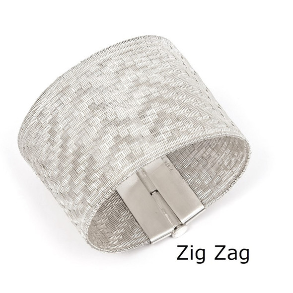 Zig Zag Silver Woven Bracelet – 4 cm Wide, Handloom Fine Silver Strand