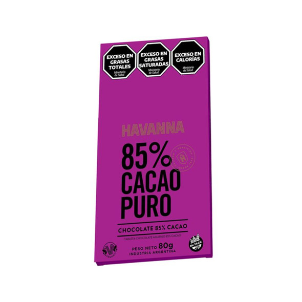 Havanna Chocolate Bar 85% Cacao Puro Sin TACC, 80 g / 2.82 oz