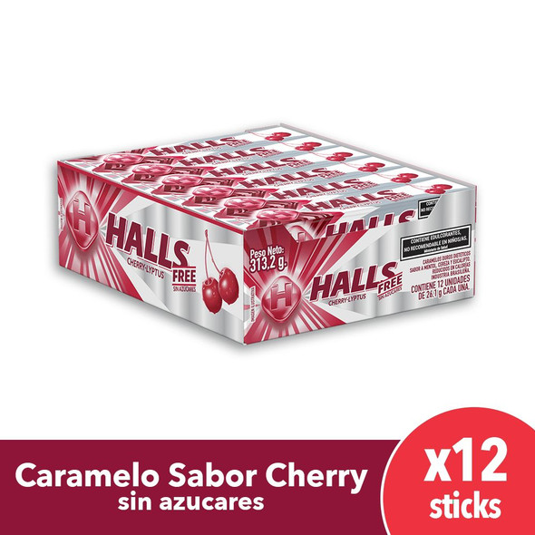 Halls Cherry Lyptus Free Sugar - Free Lozenges, 26.1 g / 0.9 oz ea (box of 12)