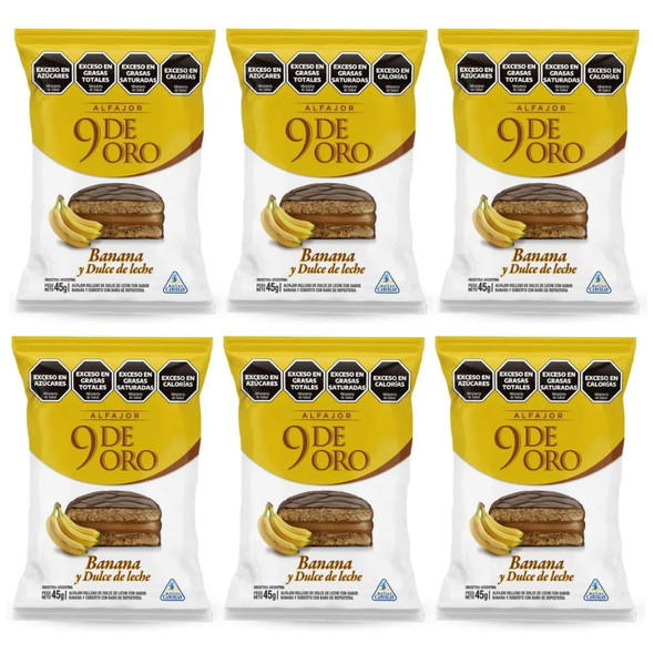 9 de Oro Alfajor Banana & Dulce de Leche - Chocolate Covered Alfajor, 46 g / 1.62 oz (pack of 6)