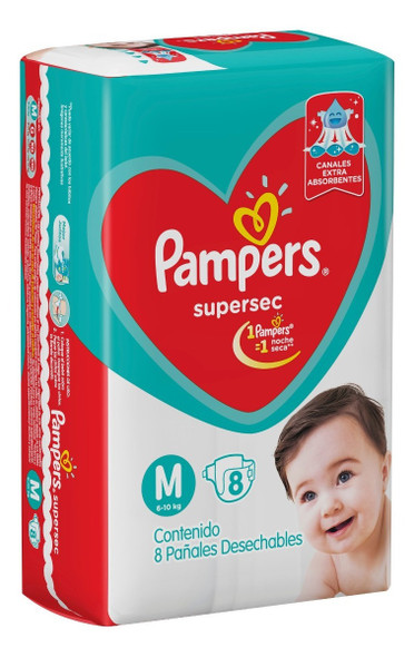 Pampers Supersec Pañales Desechables Medianos Extra Absorbent Baby Diapers For 6 kg To 10 kg / 13.22 lb To 22.04 lb Infants Medium Size, 32 Count (4 packs of 8 ea)