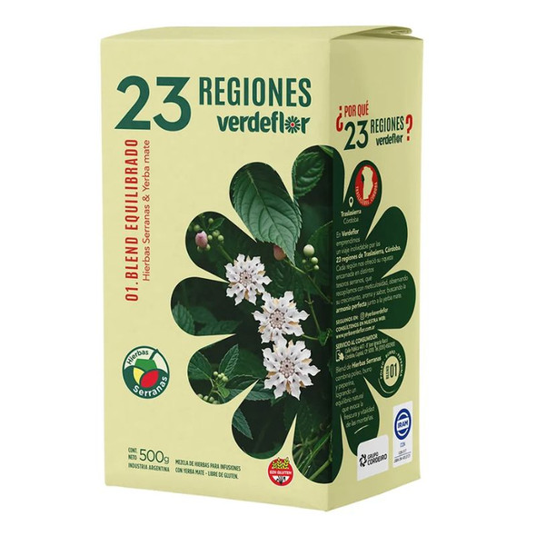 Verdeflor 23 Regiones Yerba Mate with Serrano Herbs Blend Equilibrado, 500 g / 17.64 oz