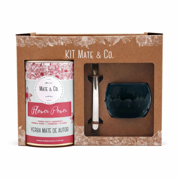 Mate & Co Flower Power Yerba Mate Gift Kit with Black Ceramic Mate & Bombilla, 220 g / 7.76 oz