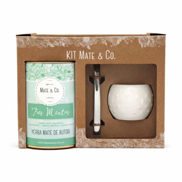 Mate & Co Tres Mentas Yerba Mate Gift Kit with White Ceramic Mate & Bombilla, 220 g / 7.76 oz