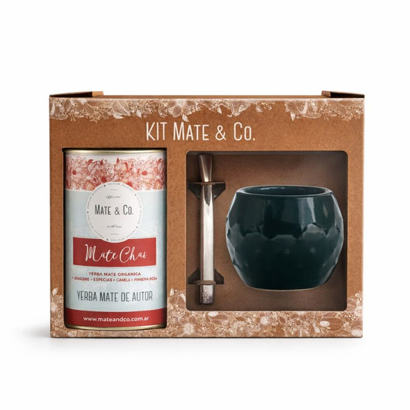 Mate & Co Mate Chai Yerba Mate Gift Kit with Black Ceramic Mate & Bombilla, 250 g / 8.82 oz