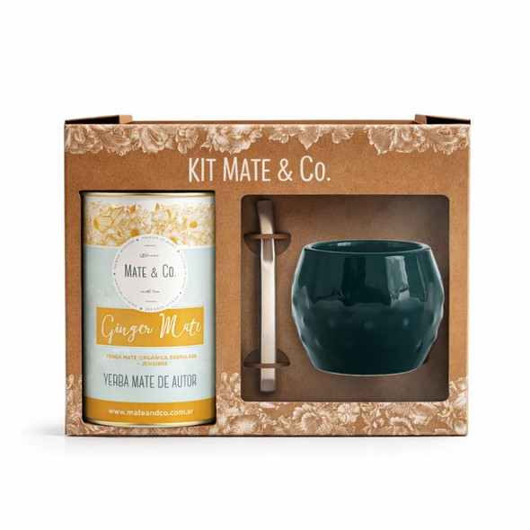 Mate & Co Ginger Mate Yerba Mate Gift Kit with Black Ceramic Mate & Bombilla, 250 g / 8.82 oz