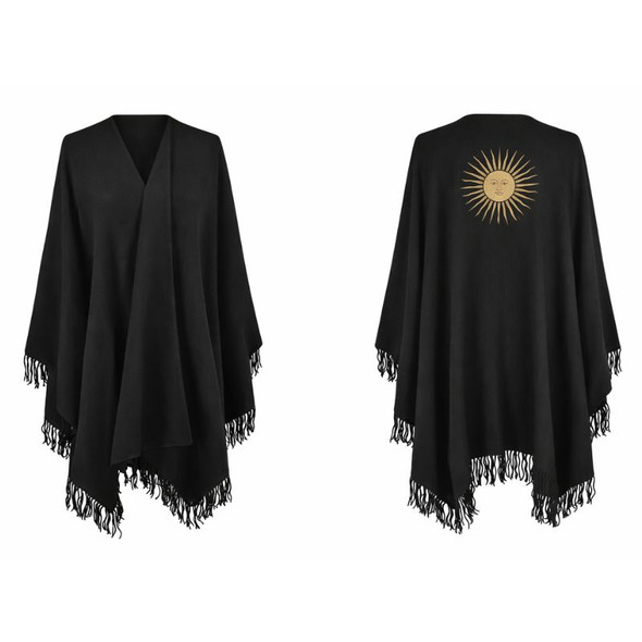 Argentine Black Ruana with Gold Embroidered Sun of May – Unisex