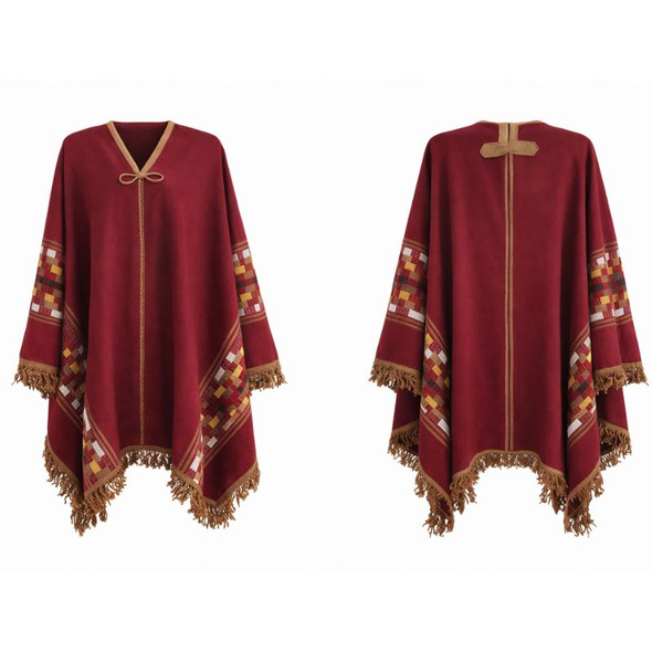 Argentine Gaucho Poncho in Burgundy with Geometric Border Design – Unisex
