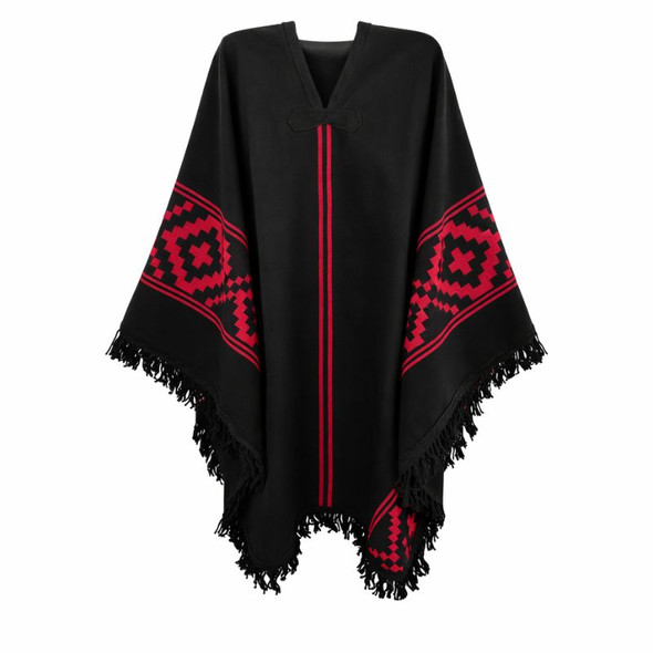 Gaucho Regional Black with Red Geometric Pattern – Artisan Poncho for Adults