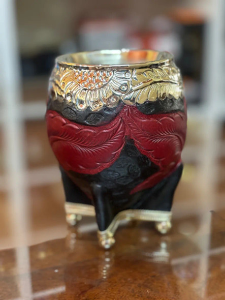 Orfebre Handcrafted Black Carved Torpedo Mate Gourd with Full Alpaca Beaded Base