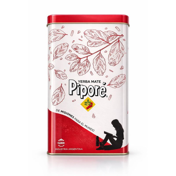 Piporé Yerbera Stainless Steel Tin with Red Leaf Design, 500 g / 1.1 lb Capacity