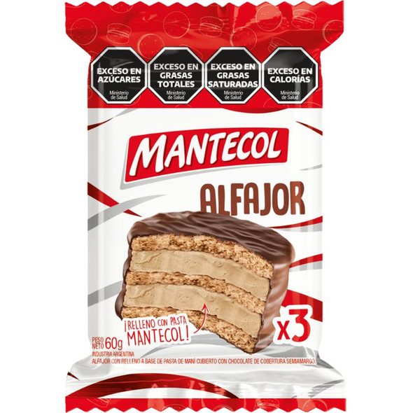 Mantecol Triple Alfajor with Peanut Paste Filling & Dark Chocolate Wholesale Bulk Box, 60 g / 2.12 oz ea (20 count per box)