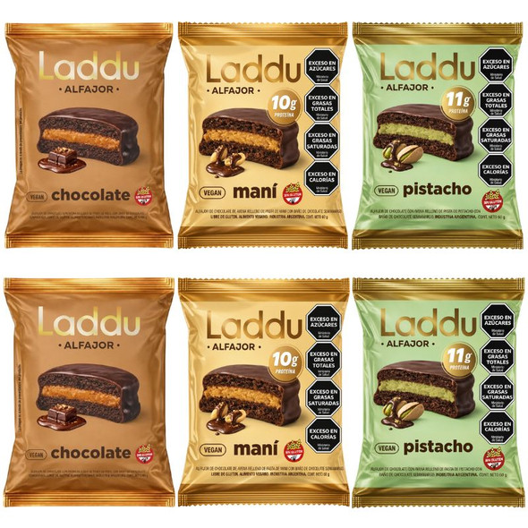 Laddu Mixed Alfajores Chocolate, Peanut & Pistachio, 60 g / 2.12 oz (pack of 6, 2 of each flavor)