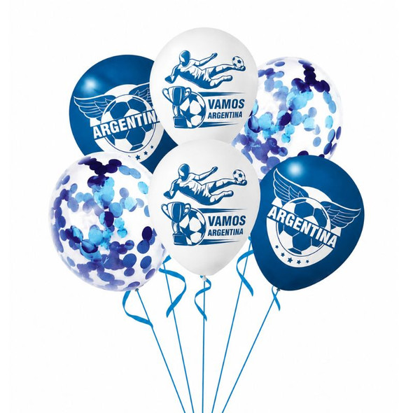 Argentina “Vamos Argentina” Metalized Latex Party Balloons with Ribbon (pack of 6)
