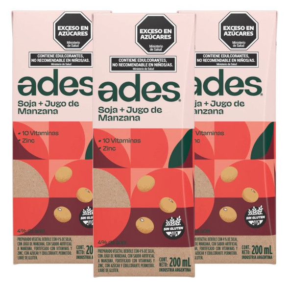 Ades Soy Beverage with Apple Flavor Tetra Pak, 200 ml / 6.76 fl oz (pack of 3)