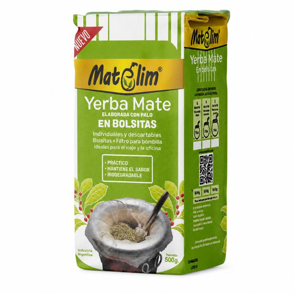 Matelim Travel-Friendly Yerba Mate Bags - Individually Wrapped, Dosed, Compostable, 500 g / 1.1 lb (pack of 6)