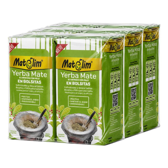 Matelim Travel-Friendly Yerba Mate Bags - Individually Wrapped, Dosed, Compostable, 500 g / 1.1 lb (pack of 6)