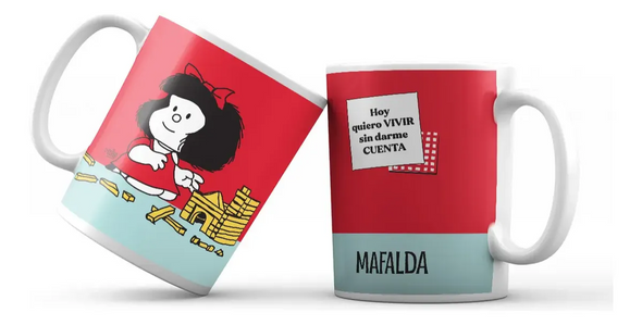 Taza Mafalda Red Icons Coffe Mug - Screen-Printed Design, Microwave & Dishwasher Safe
