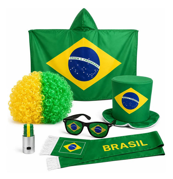Brazil Fan Costume Kit with Wig, Top Hat, Glasses & Scarf (6-Piece)