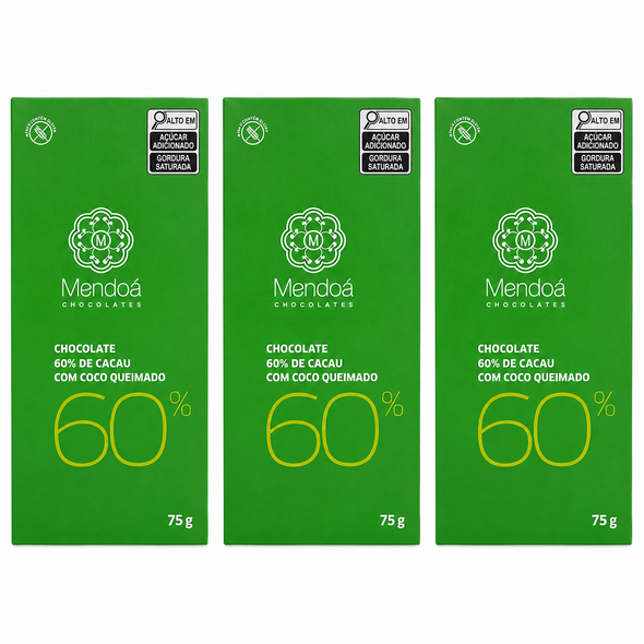Mendoá 60% Cocoa Dark Chocolate with Coconut, 75 g / 2.65 oz (pack of 3)