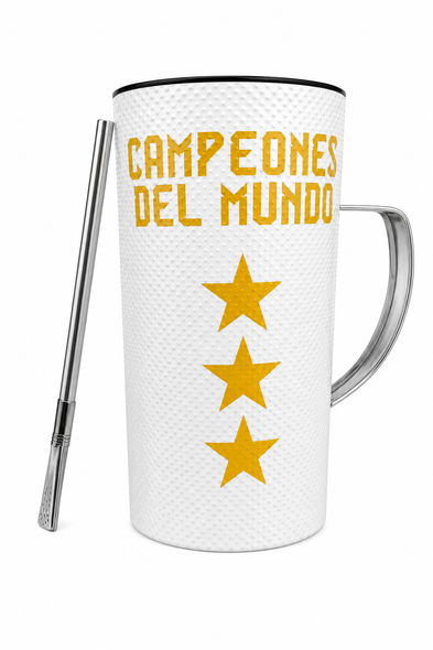 AFA White Stainless Steel Vaso Güira with 3 Stripes & 3 World Champion Stars