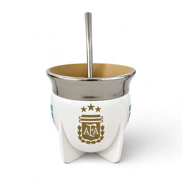 Pampa Mate AFA Campeones del Mundo Wide Mouth White Mate Gourd with Bombilla
