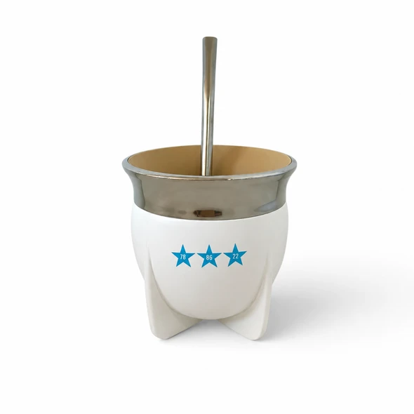 Pampa Mate AFA Campeones del Mundo Wide Mouth White Mate Gourd with Bombilla