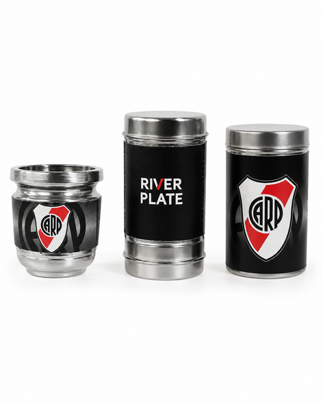 River Plate Black Leather Mate Set with Yerba Container, Sugar Bowl & Mate Gourd