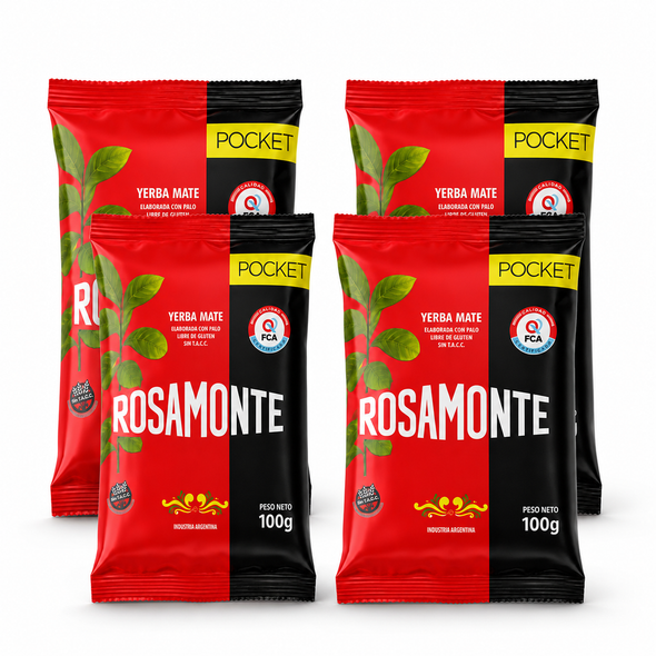 Rosamonte Pocket Traditional Yerba Mate with Stems, 100 g / 3.53 oz each (pack of 4)