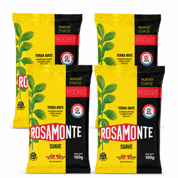 Rosamonte Pocket Suave Mild Yerba Mate with Stems, 100 g / 3.53 oz each (pack of 4)