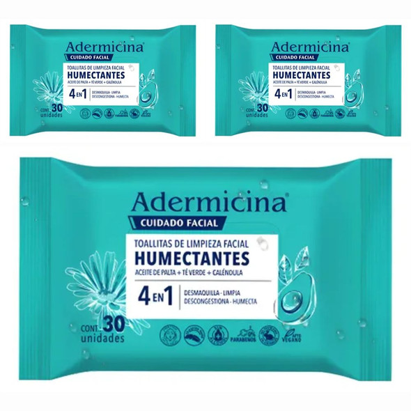 Adermicina Facial Cleansing Wipes with Avocado Oil, Green Tea & Calendula (pack of 3)