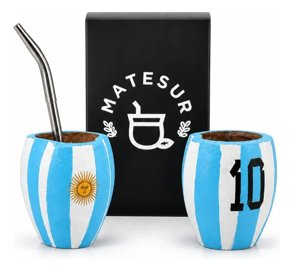 Matesur Ranchero Argentina Flag Algarrobo Wood Mate Cup with Stainless Steel Bombilla