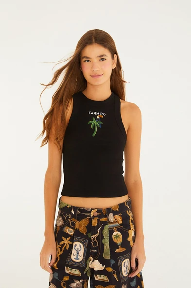 Farm Rio Palm Tree Embroidered Cropped Tank Top