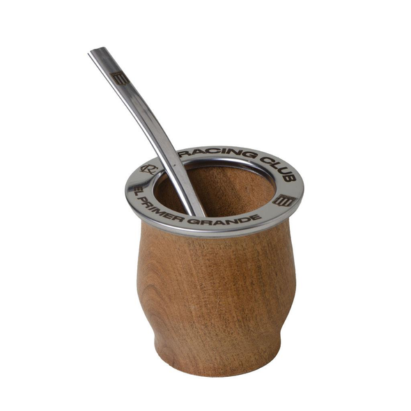 El Primer Grande Engraved Algarrobo Wood Mate Gourd with Stainless Steel Rim