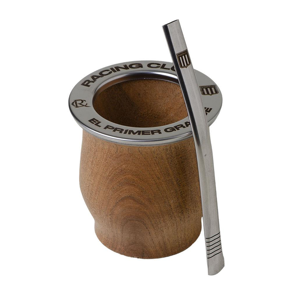 El Primer Grande Engraved Algarrobo Wood Mate Gourd with Stainless Steel Rim