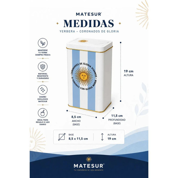 Matesur Coronados Argentina Flag Yerba Mate Storage Tin with Airtight Pouring Lid, 500 g / 1.1 lb Capacity