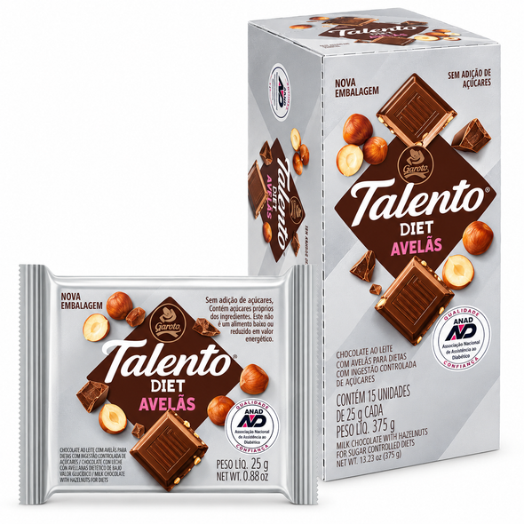 Garoto Mini Talento Diet Sugar-Free Milk Chocolate with Hazelnuts Box, 25 g / 0.88 oz (15 Units)
