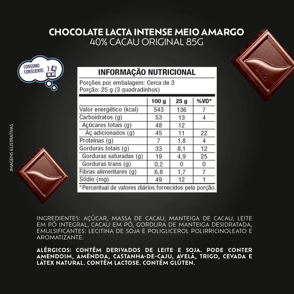 Lacta Intense 40% Cocoa Dark Chocolate Bar, 85 g / 3 oz (pack of 3)