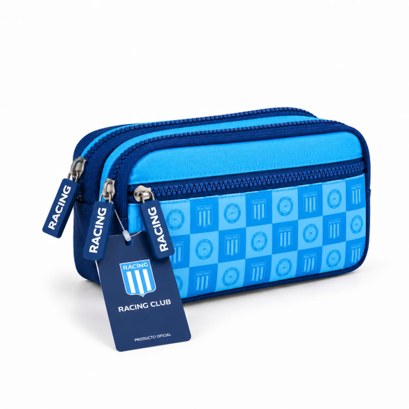 Racing Club Triple-Zip Pencil Case Cartuchera – Blue Checkered Football Design