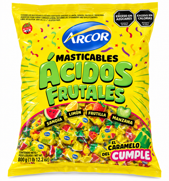 Arcor Ácidos Frutales Sour Chewy Candies - Lemon, Watermelon, Strawberry & Apple, 800 g / 28.22 oz