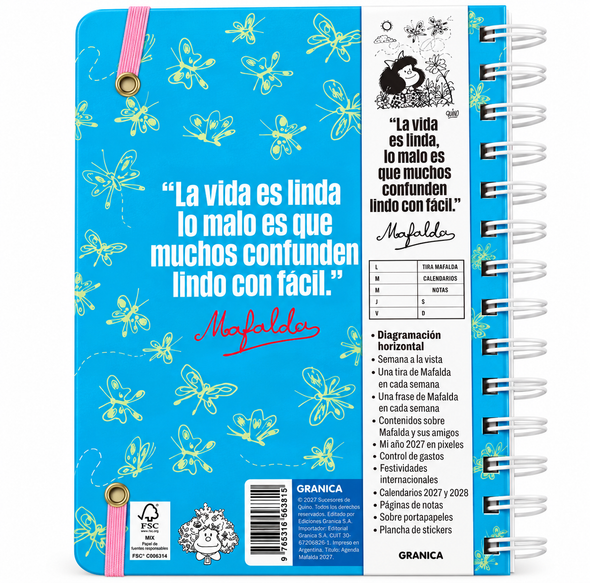 Granica Mafalda 2027 Weekly Planner – Sky Blue Flowers & Butterflies Design, Spanish Spiral-Bound Agenda