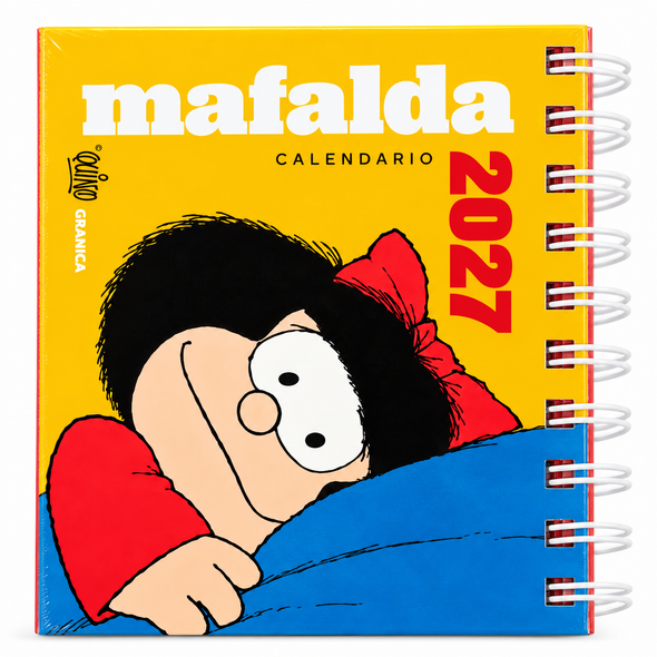 Granica Mafalda 2027 Desk Calendar – Yellow Cover with Mafalda Lying Down, Spiral-Bound Spanish Edition