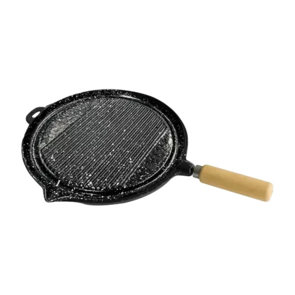 Plancha Bifera Rayada Enlozada Asadera Redonda Para Hornalla Iron Round Grill Roasting Griddle with Wooden Handle