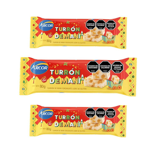 Arcor Turrón de Maní Classic Peanut Christmas Nougat, 80 g / 2.8 oz (pack of 3 bars)